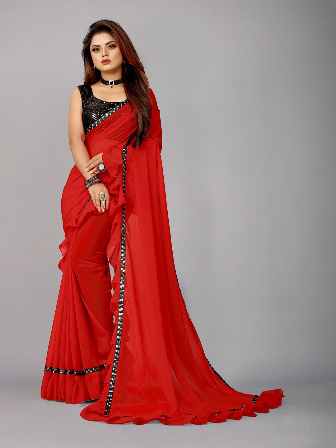 

B4ME COM Sequinned Pure Georgette Leheriya Saree, Red