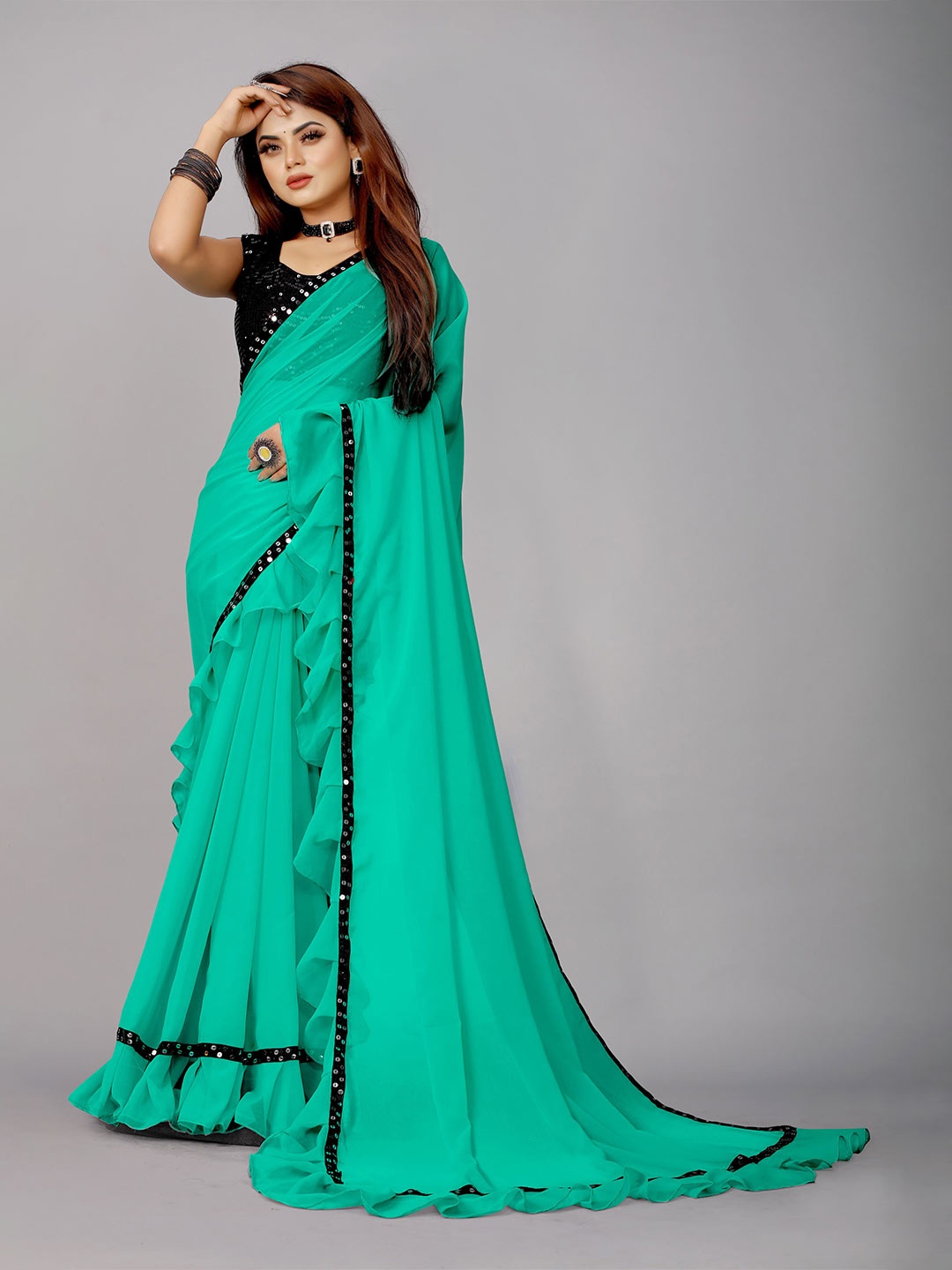 

B4ME COM Sequinned Pure Georgette Leheriya Saree, Sea green