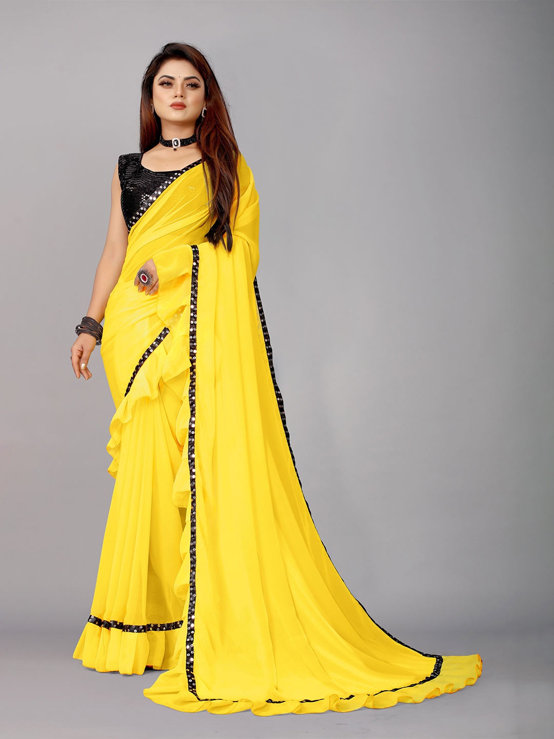 

B4ME COM Sequinned Pure Georgette Leheriya Saree, Yellow