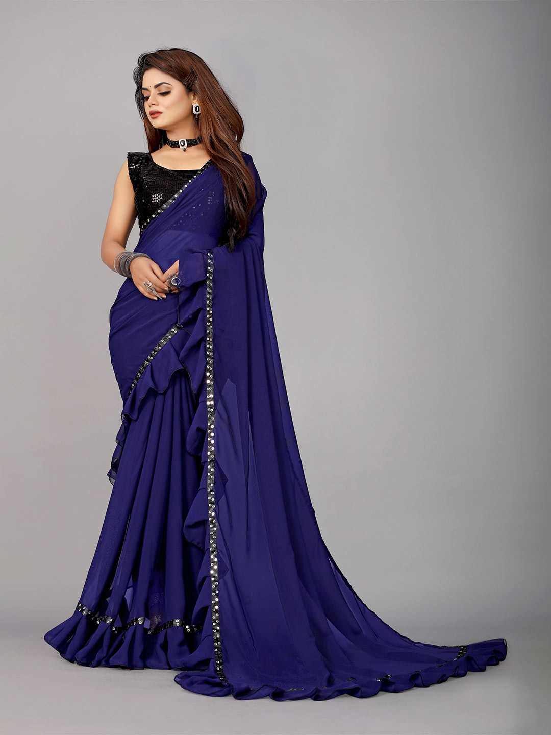 

B4ME COM Sequinned Pure Georgette Leheriya Saree, Navy blue