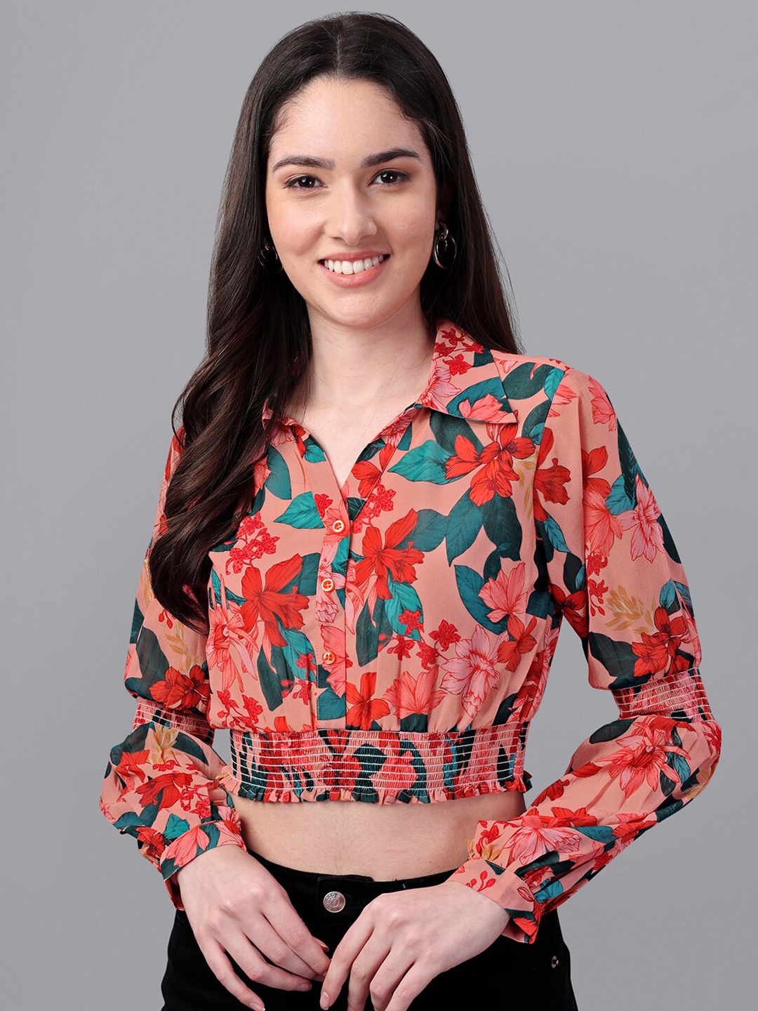 

Masakali Co Women Floral Printed Shirt Style Crop Top, Peach