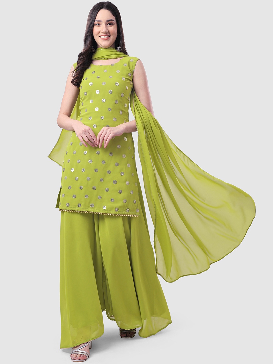 

ASPORA Ethnic Motifs Embroidered Sequinned Kurti with Palazzos & With Dupatta, Green