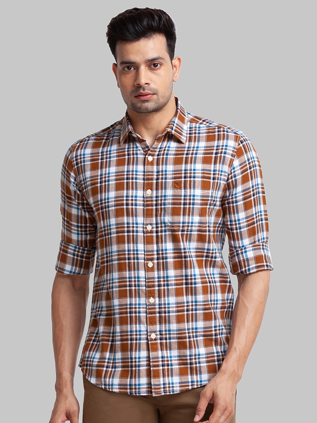 

Parx Men Tartan Checks Casual Cotton Shirt, Brown