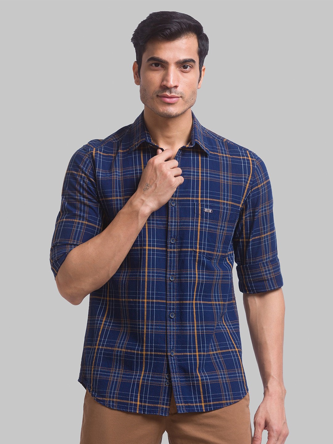 

Parx Men Slim Fit Checked Casual Cotton Shirt, Blue