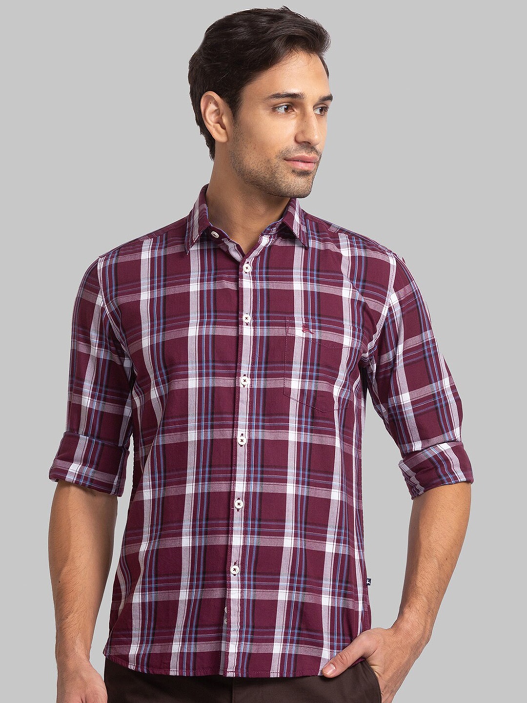 

Parx Men Slim Fit Tartan Checked Casual Cotton Shirt, Maroon