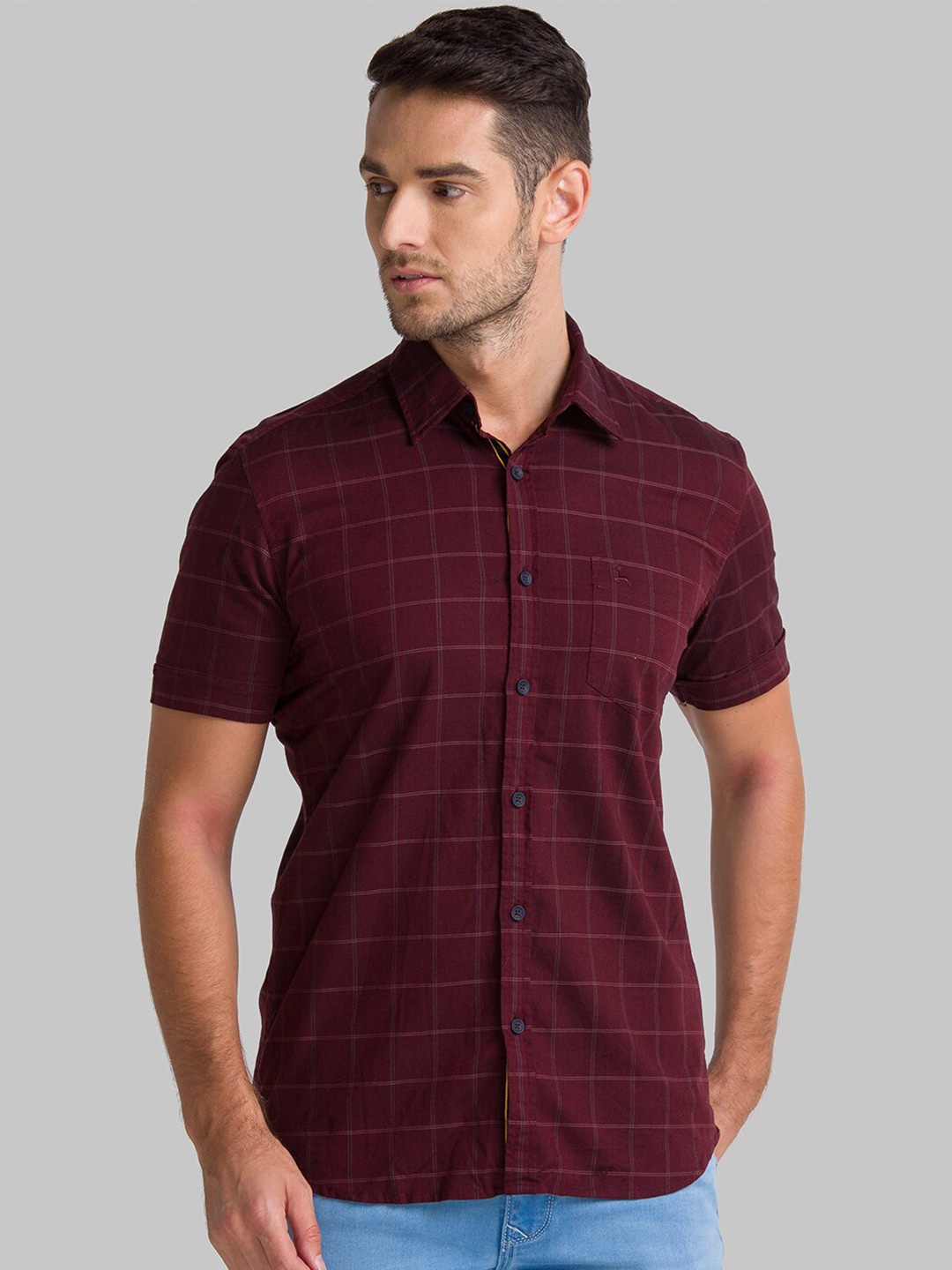 

Parx Men Slim Fit Windowpane Checks Casual Cotton Shirt, Maroon