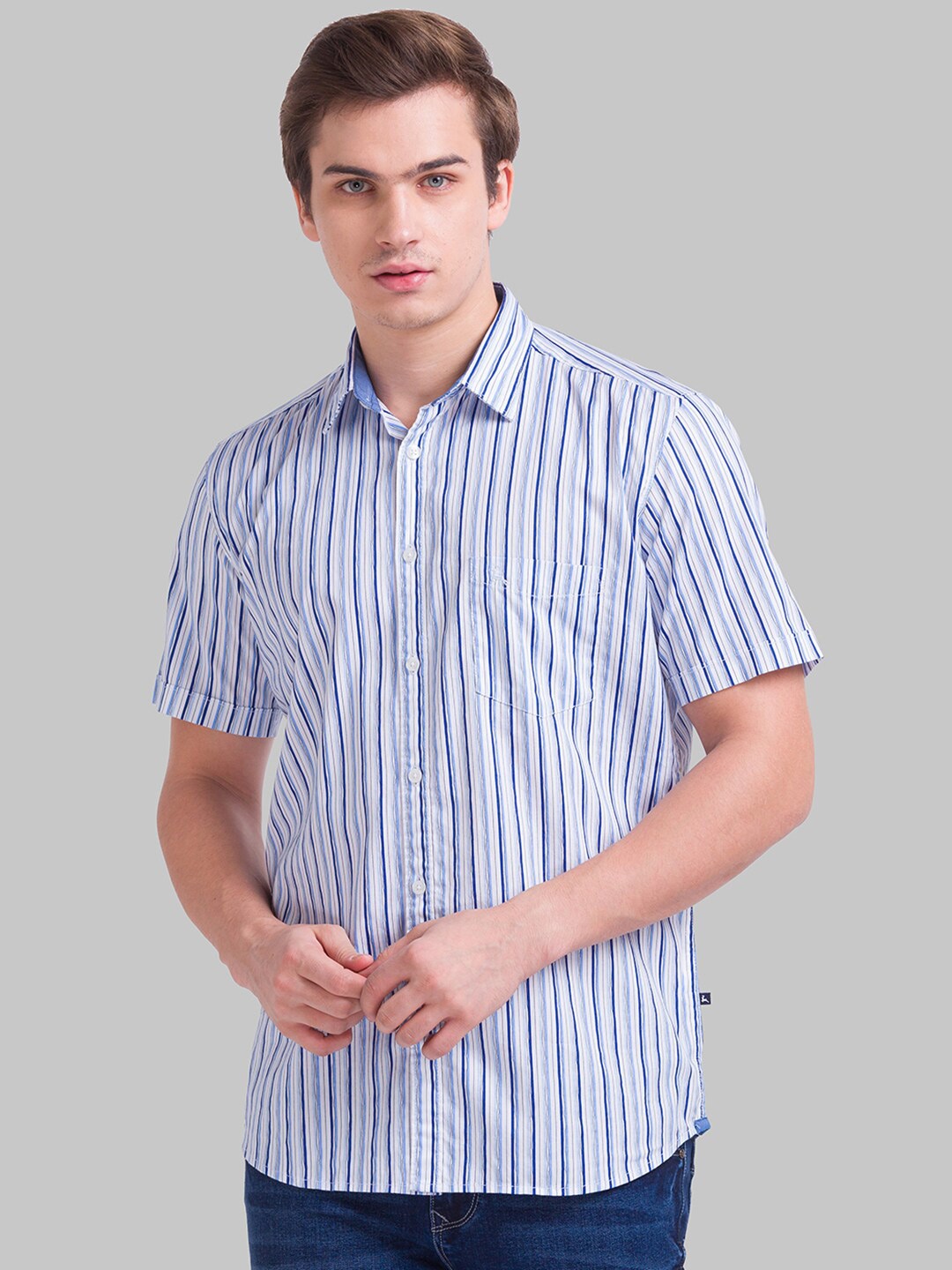 

Parx Men Slim Fit Vertical Striped Casual Cotton Shirt, Blue