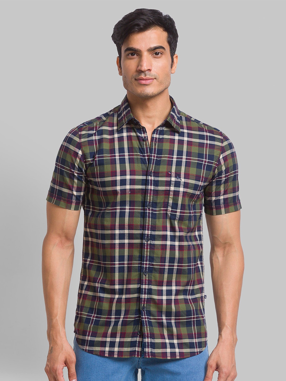 

Parx Men Checked Cotton Slim Fit Casual Shirt, Olive