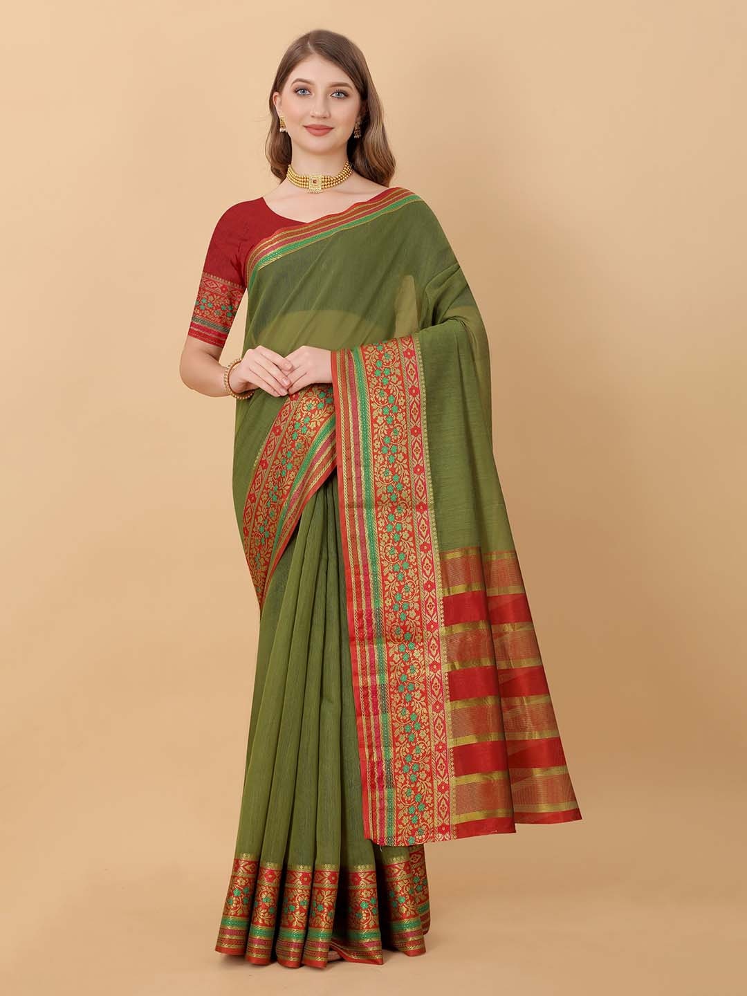 

KALINI Zari Silk Cotton Saree, Olive