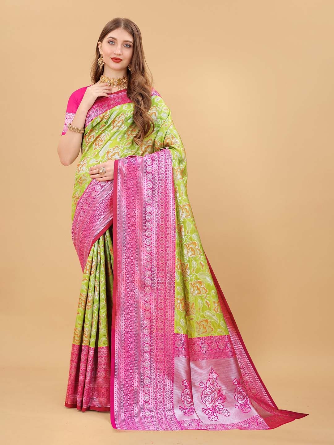 

KALINI Floral Zari Pure Silk Banarasi Saree, Green