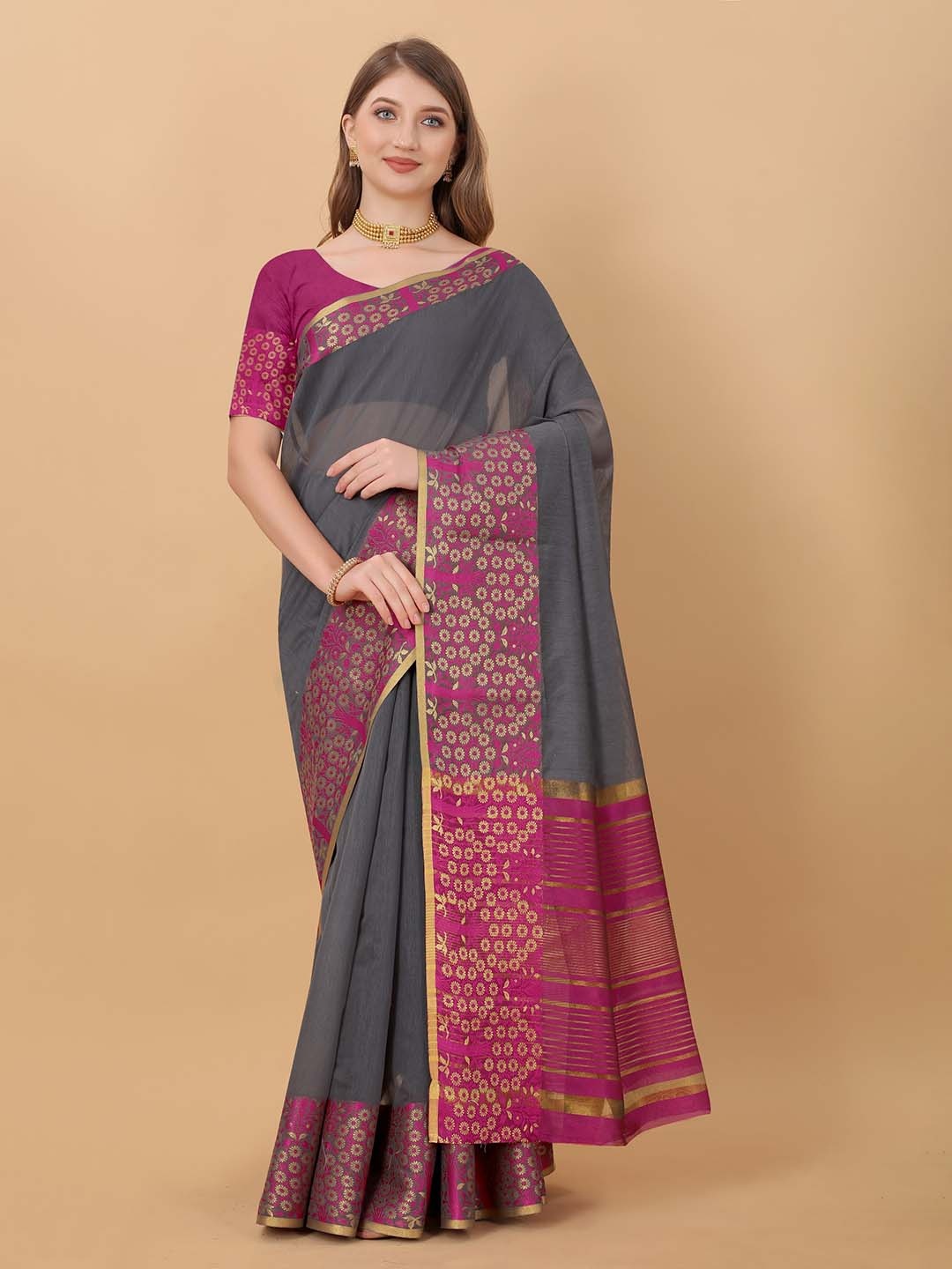 

KALINI Zari Silk Cotton Saree, Grey