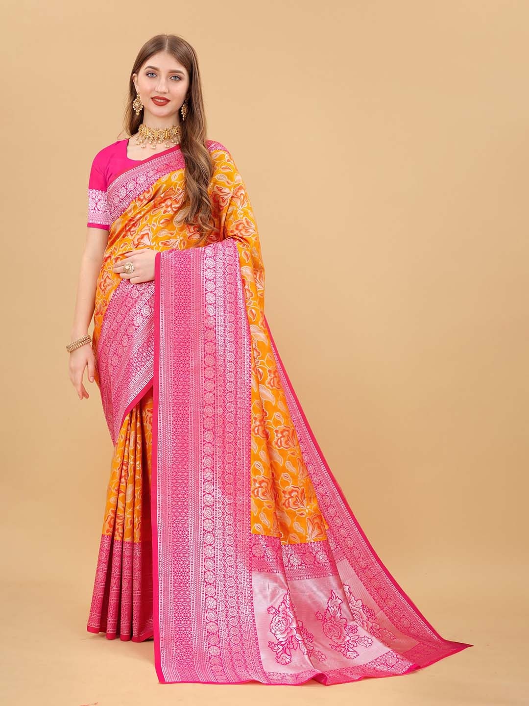 

KALINI Floral Zari Pure Silk Banarasi Saree, Yellow