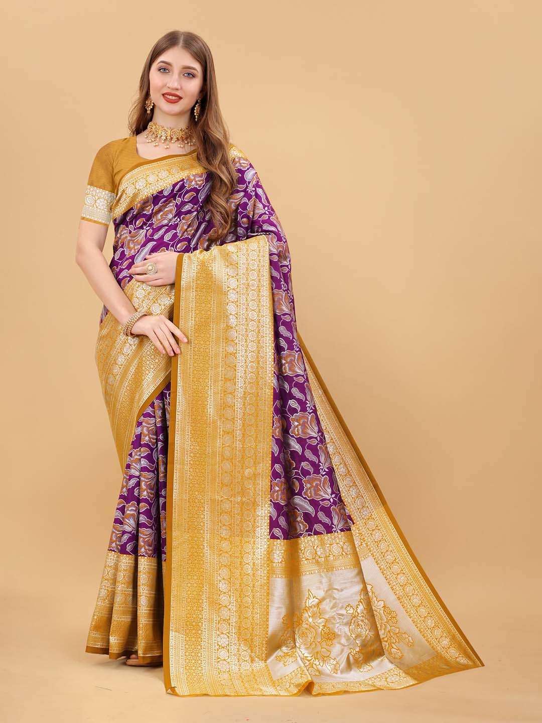 

KALINI Floral Zari Pure Silk Banarasi Saree, Purple