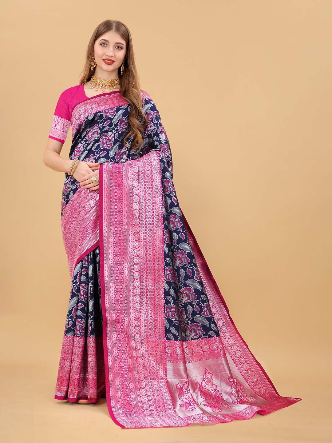 

KALINI Floral Zari Pure Silk Banarasi Saree, Navy blue