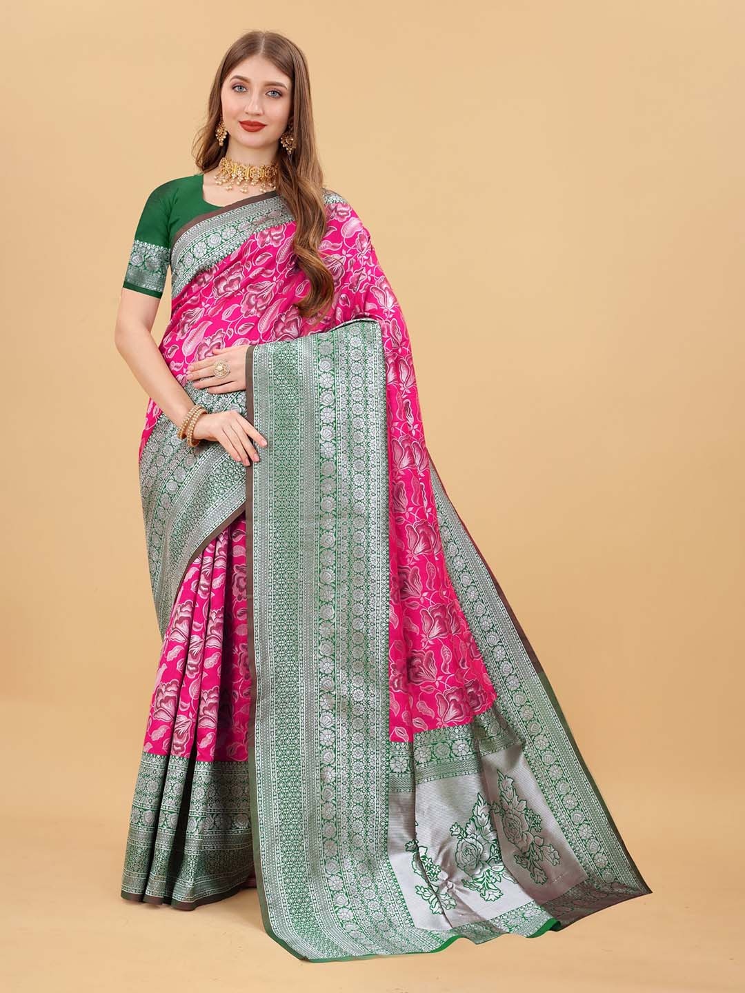 

KALINI Floral Zari Pure Silk Banarasi Saree, Pink