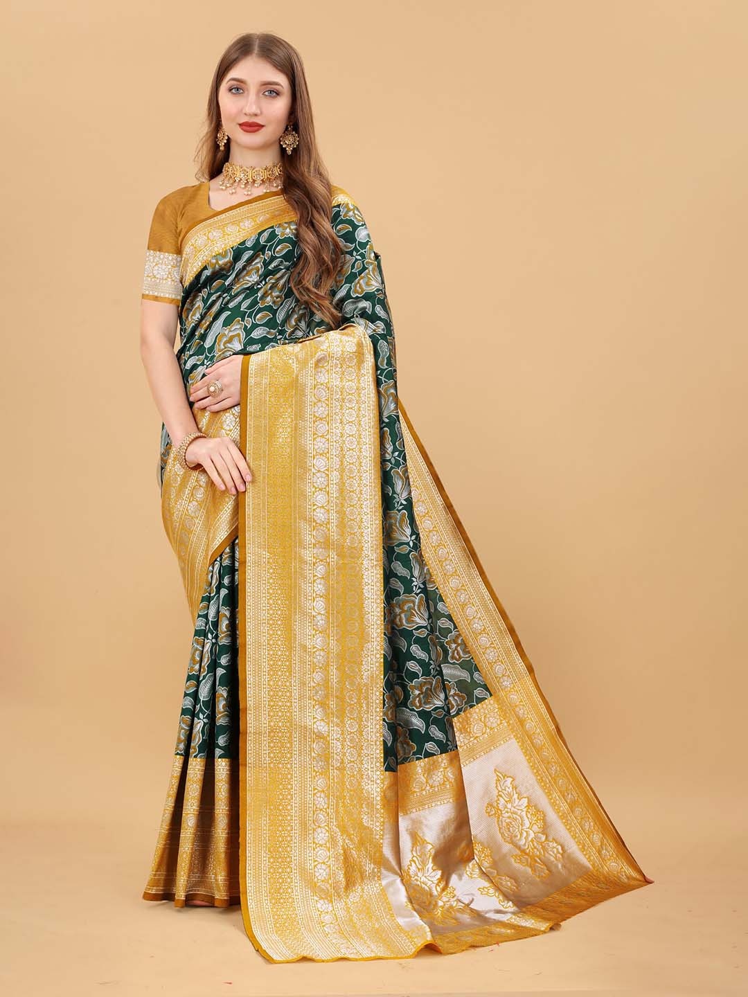 

KALINI Ethnic Motifs Zari Pure Silk Banarasi Saree, Green