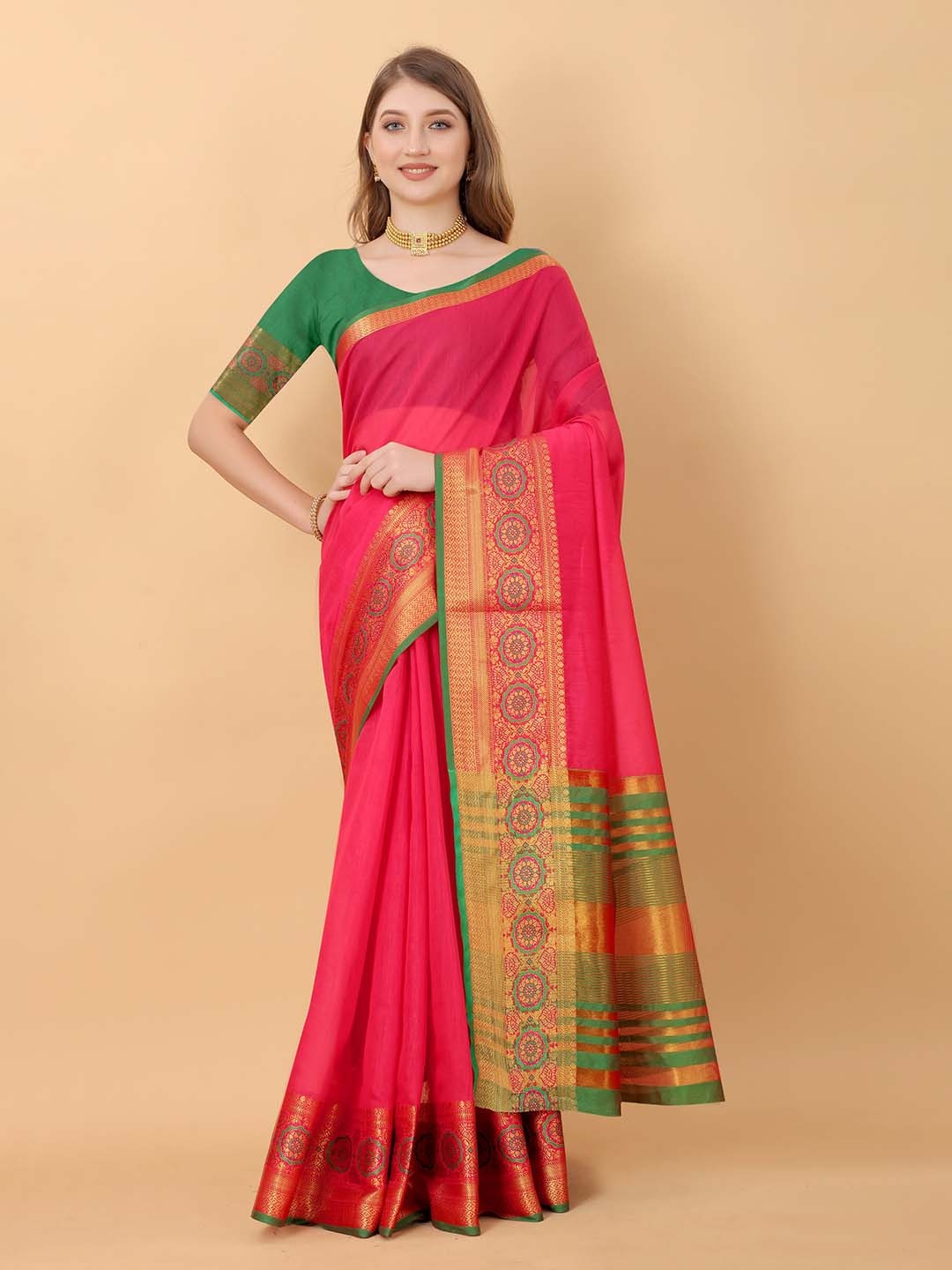 

KALINI Zari Silk Cotton Saree, Pink