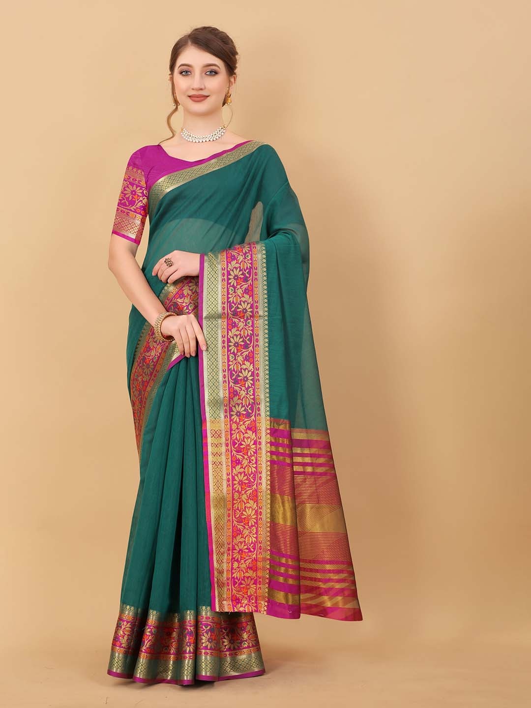 

KALINI Zari Silk Cotton Saree, Green