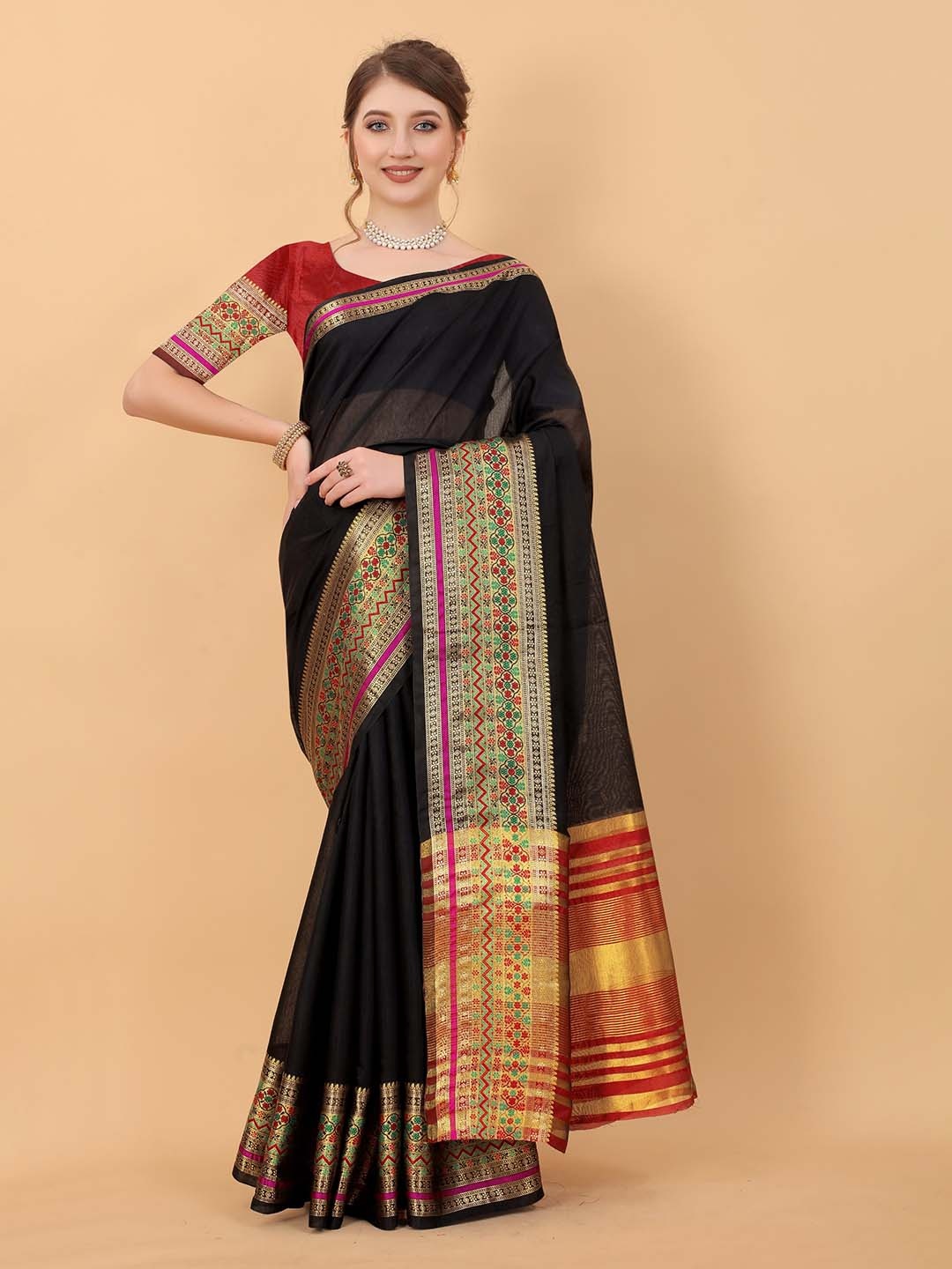 

KALINI Zari Silk Cotton Saree, Black