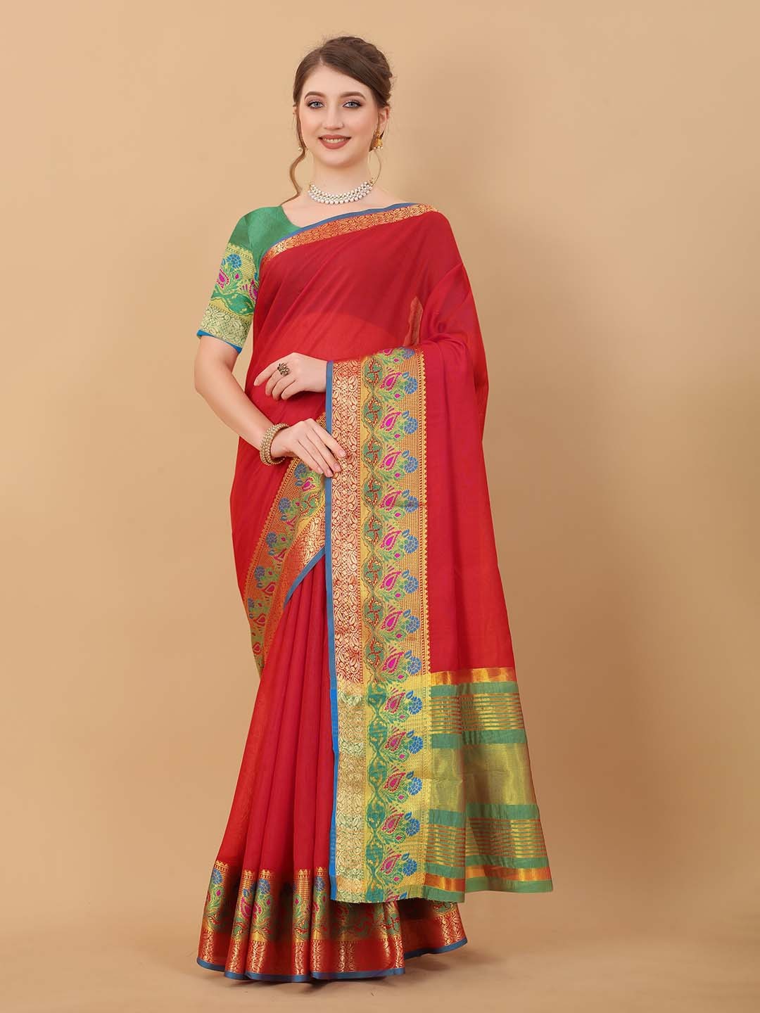 

KALINI Zari Silk Cotton Saree, Red
