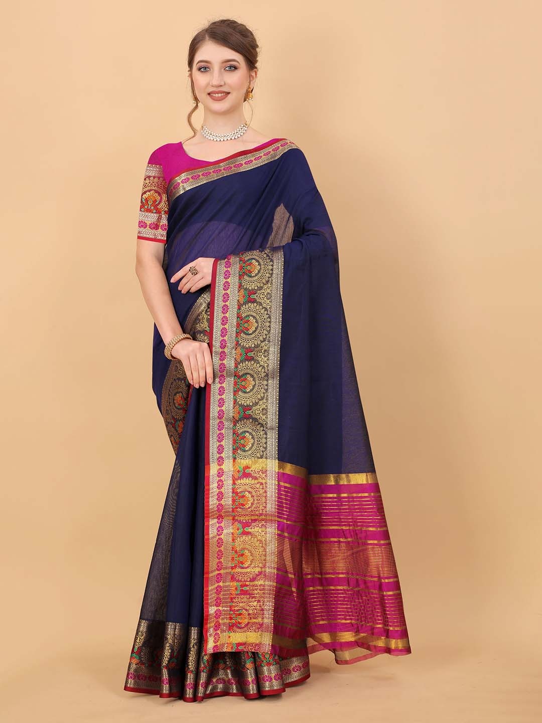 

KALINI Zari Silk Cotton Saree, Blue