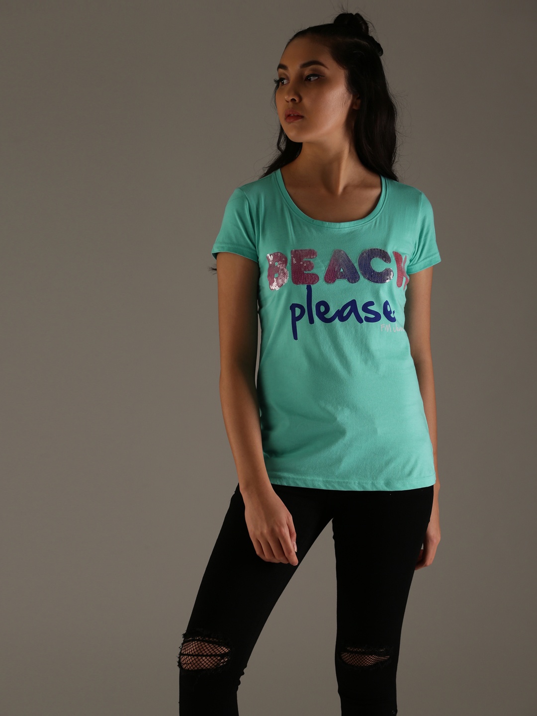 

Flying Machine Women Blue Self-Design Round Neck T-shirt