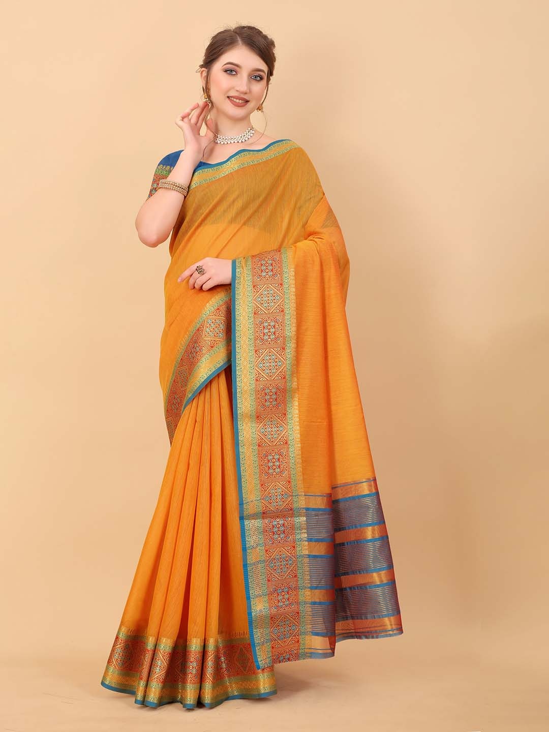 

KALINI Zari Silk Cotton Saree, Yellow