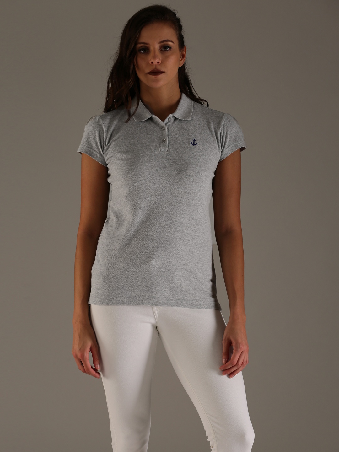 

Flying Machine Women Grey Melange Solid Polo Collar Pure Cotton T-shirt