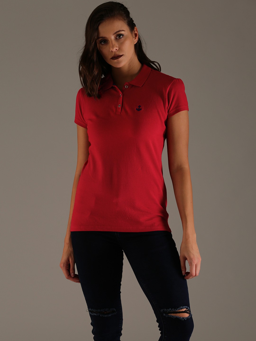 

Flying Machine Women Red Solid Polo Collar Pure Cotton T-shirt