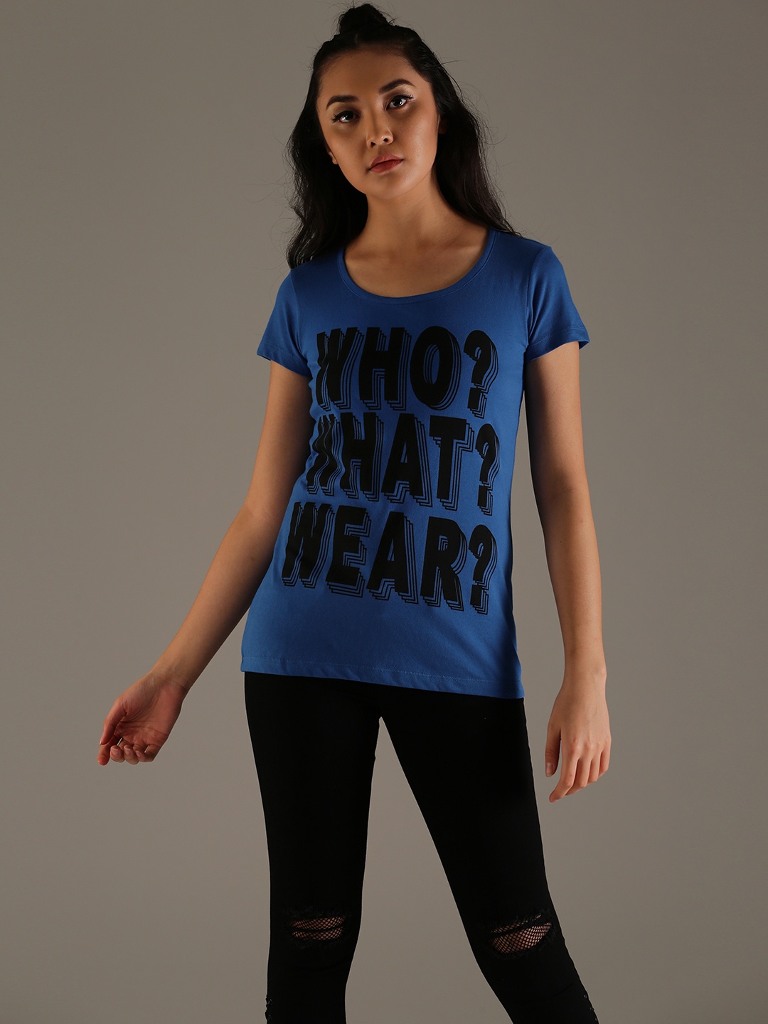 

Flying Machine Women Blue Printed Round Neck Pure Cotton T-shirt