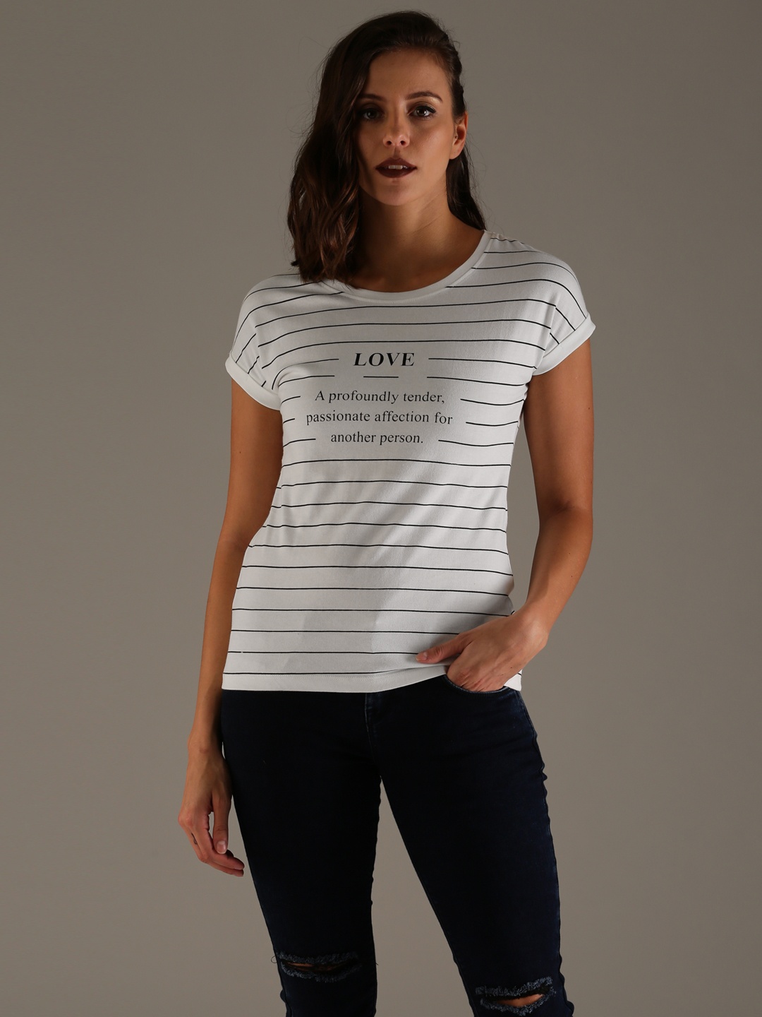 

Flying Machine Women White & Black Striped Round Neck T-shirt