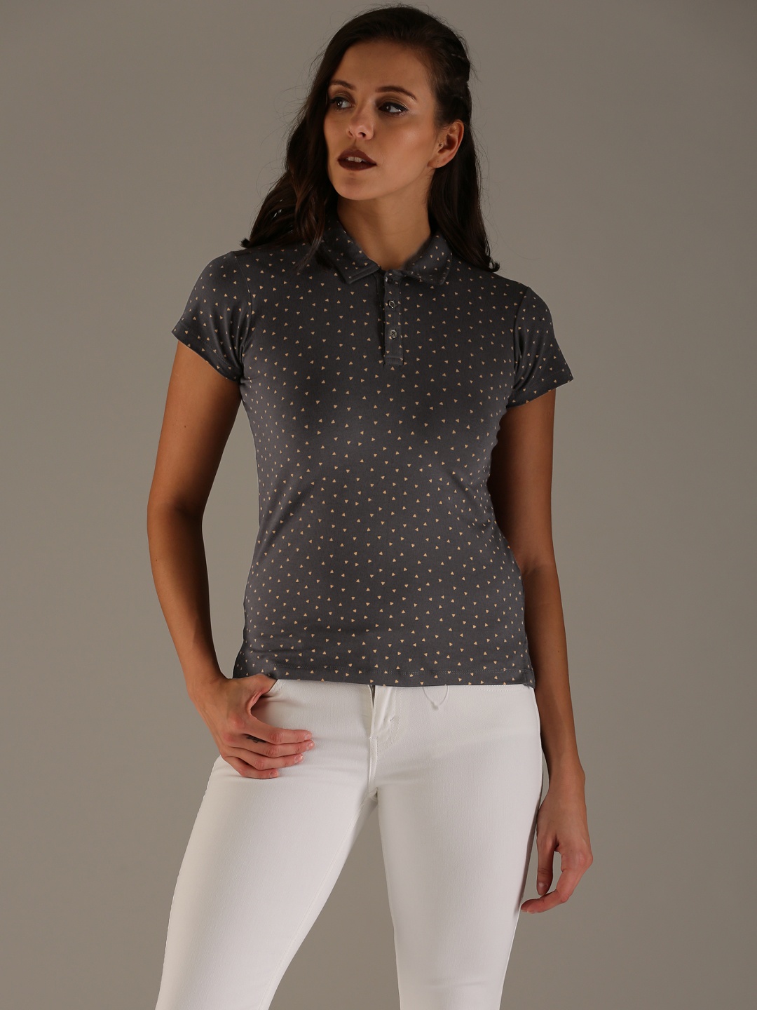 

Flying Machine Women Grey Printed Polo Collar T-shirt