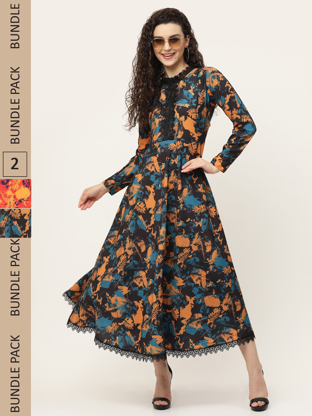 

MISS AYSE Pack Of 2 Floral Georgette Empire Midi Dress, Orange