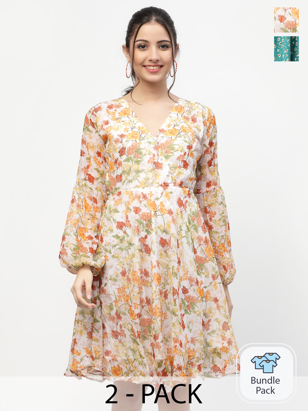 

MISS AYSE Pack of 2 Green Floral Georgette Dress, Off white