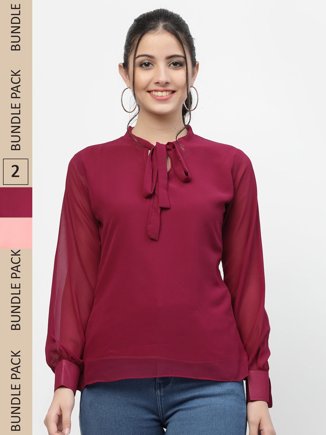 

MISS AYSE Pack Of 2 Tie-Up Neck Georgette Top, Maroon
