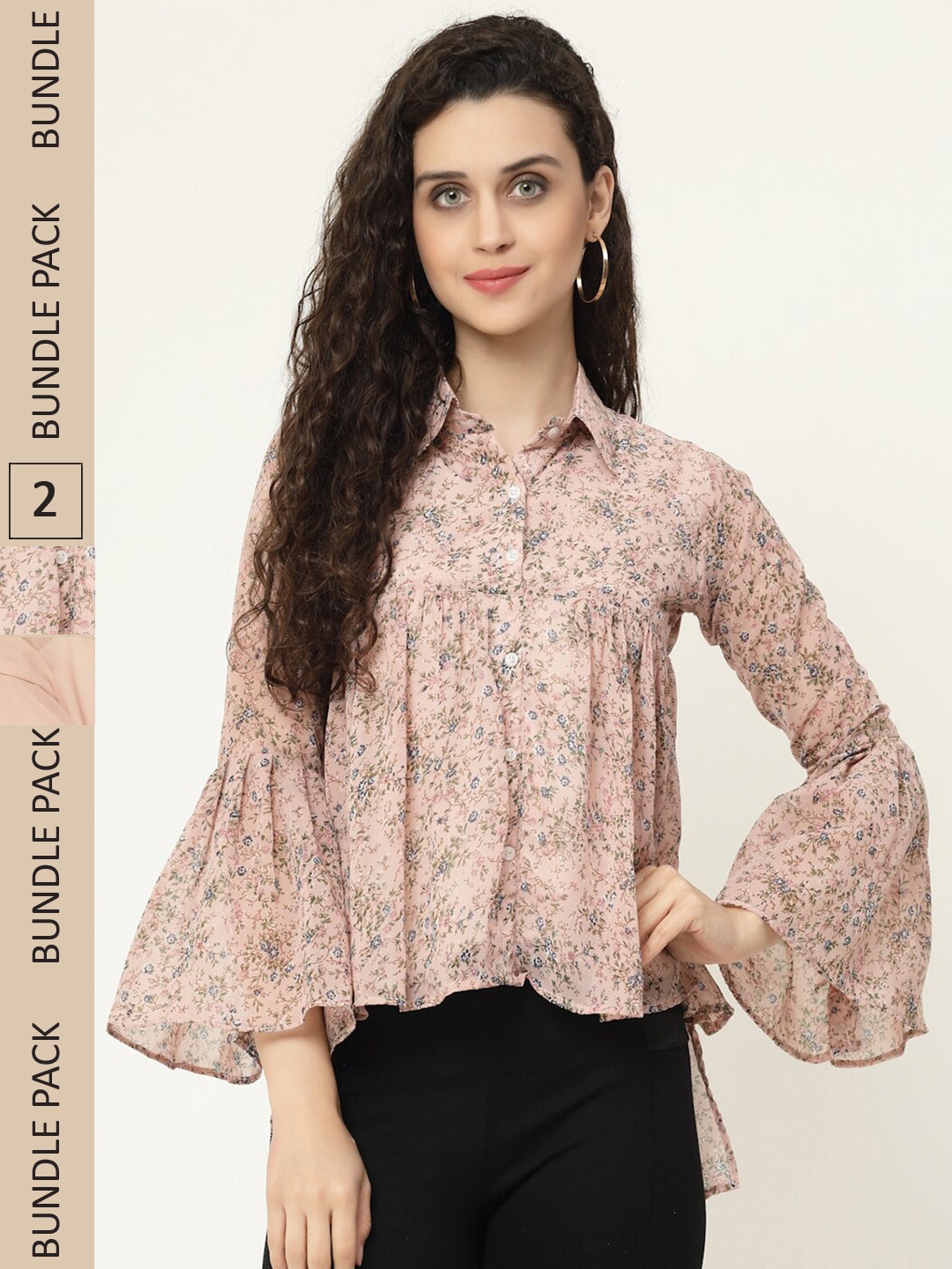 

MISS AYSE Pack of 2 Floral Print Shirt Style Top, Beige