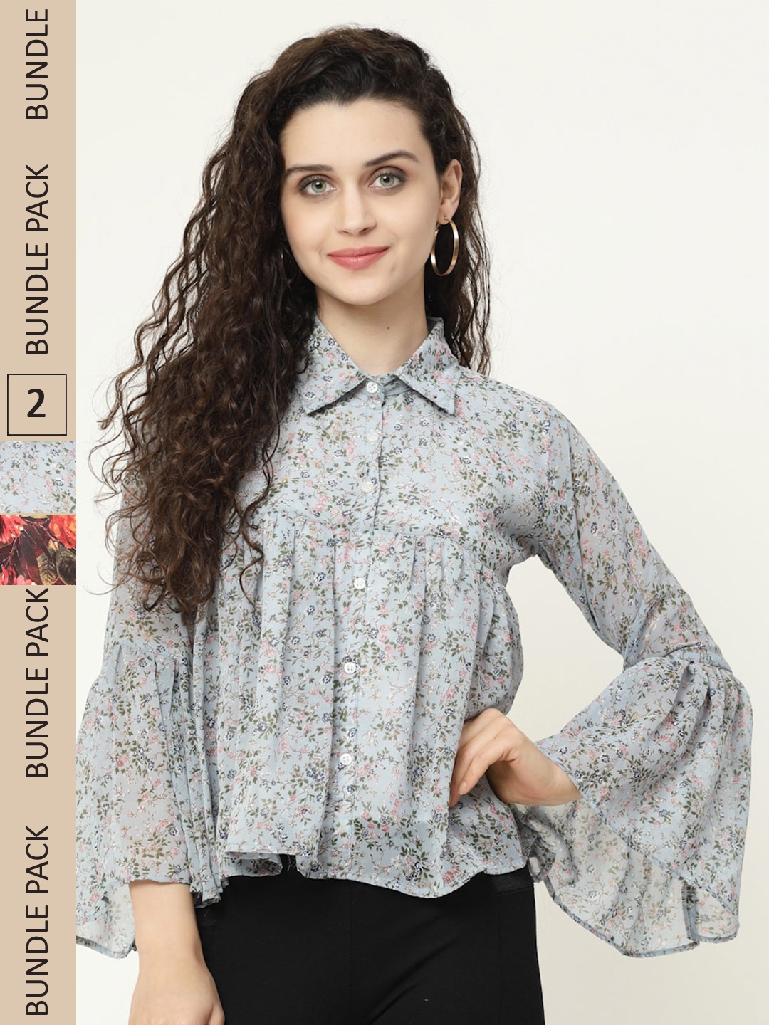 

MISS AYSE Pack Of 2 Floral Print Georgette Shirt Style Top, Blue