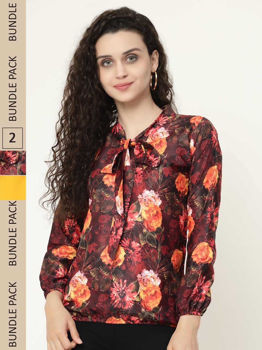 

MISS AYSE Pack Of 2 Floral Print Tie-Up Neck Top, Brown