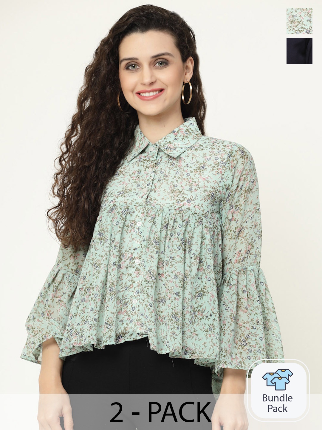 

MISS AYSE Pack Of 2 Floral Print Georgette Peplum Tops, Sea green