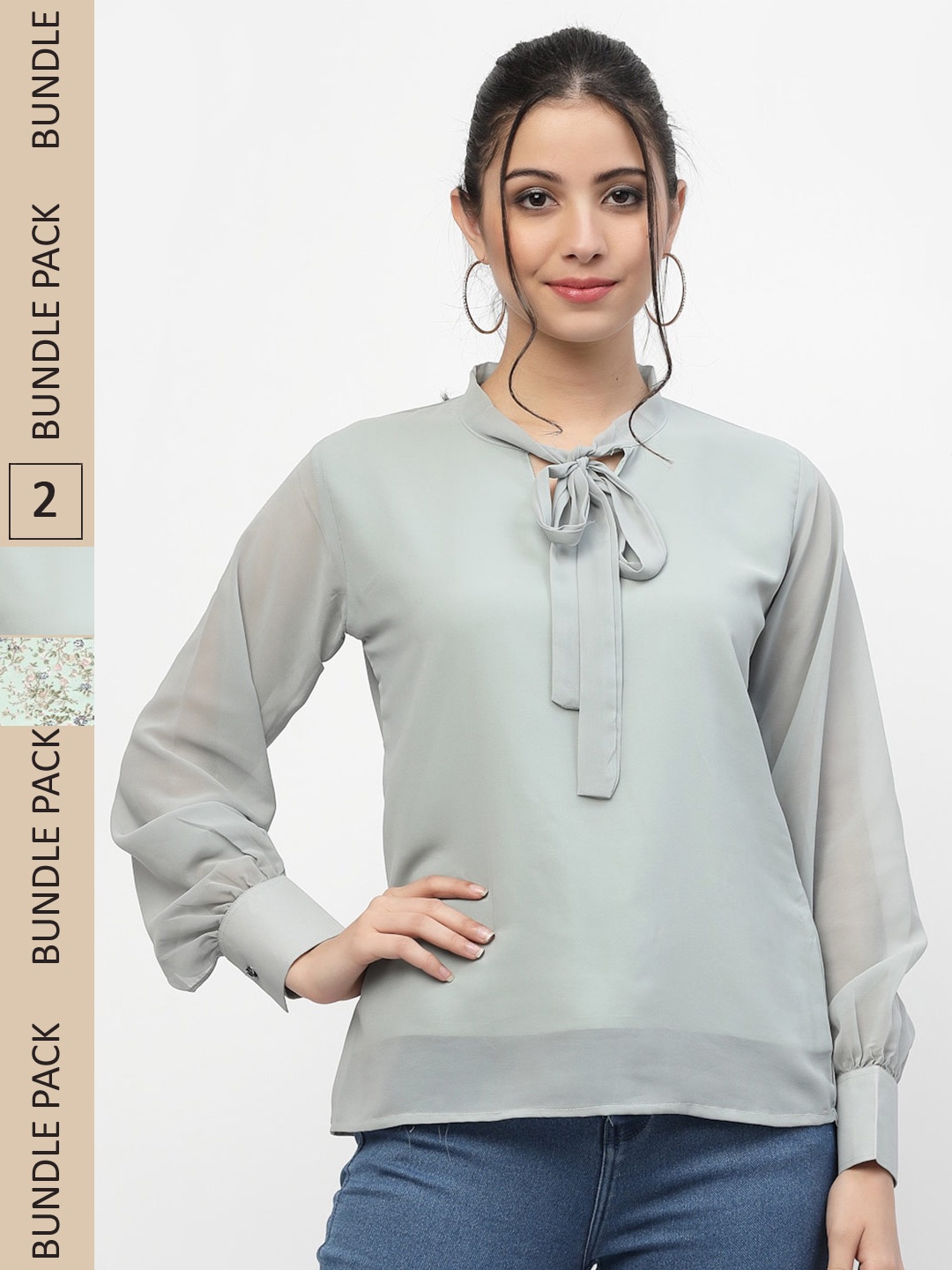 

MISS AYSE Pack Of 2 Tie-Up Neck Georgette Tops, Sea green