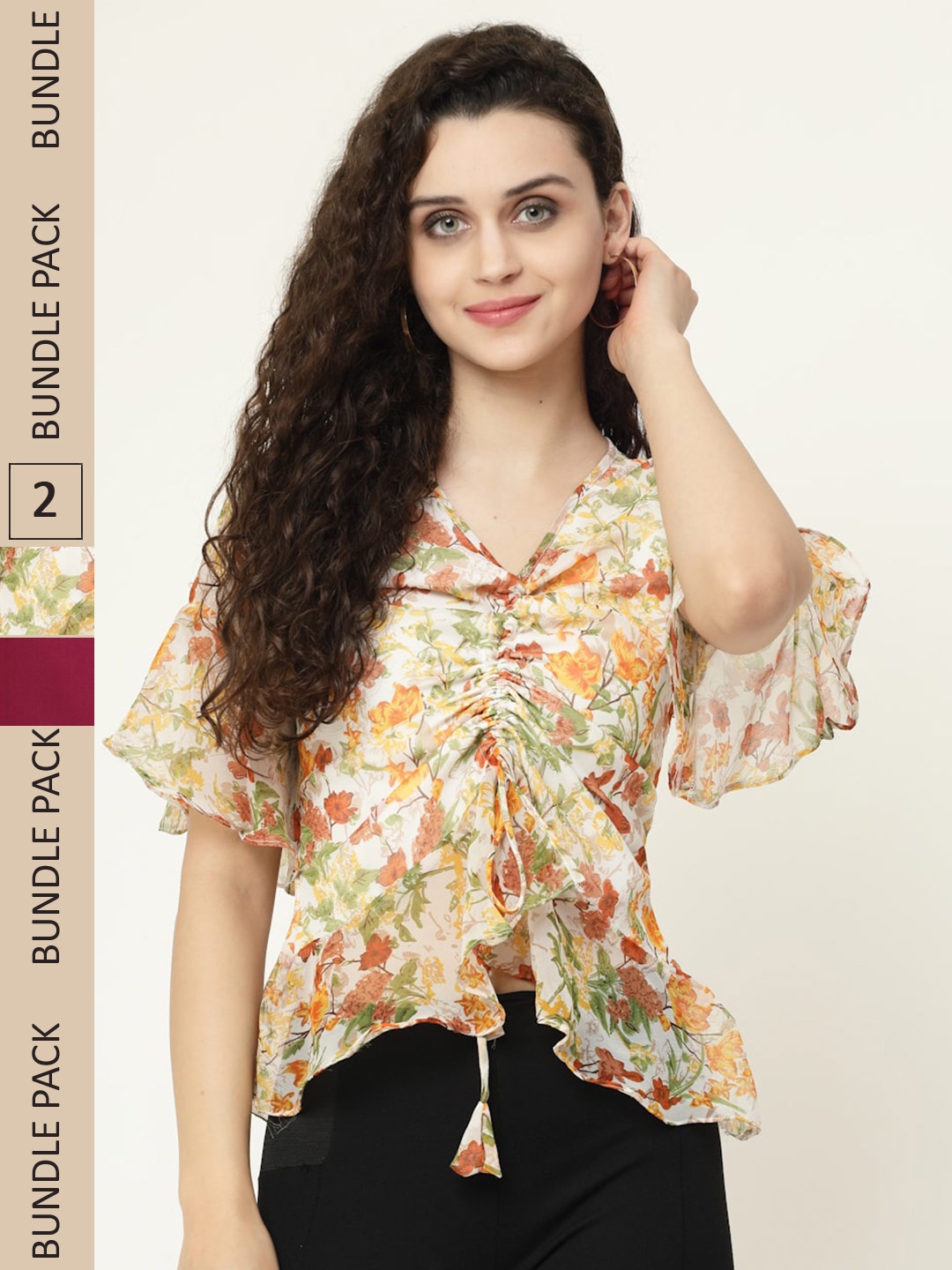 

MISS AYSE Pack Of 2 Floral Print Georgette Tops, Yellow