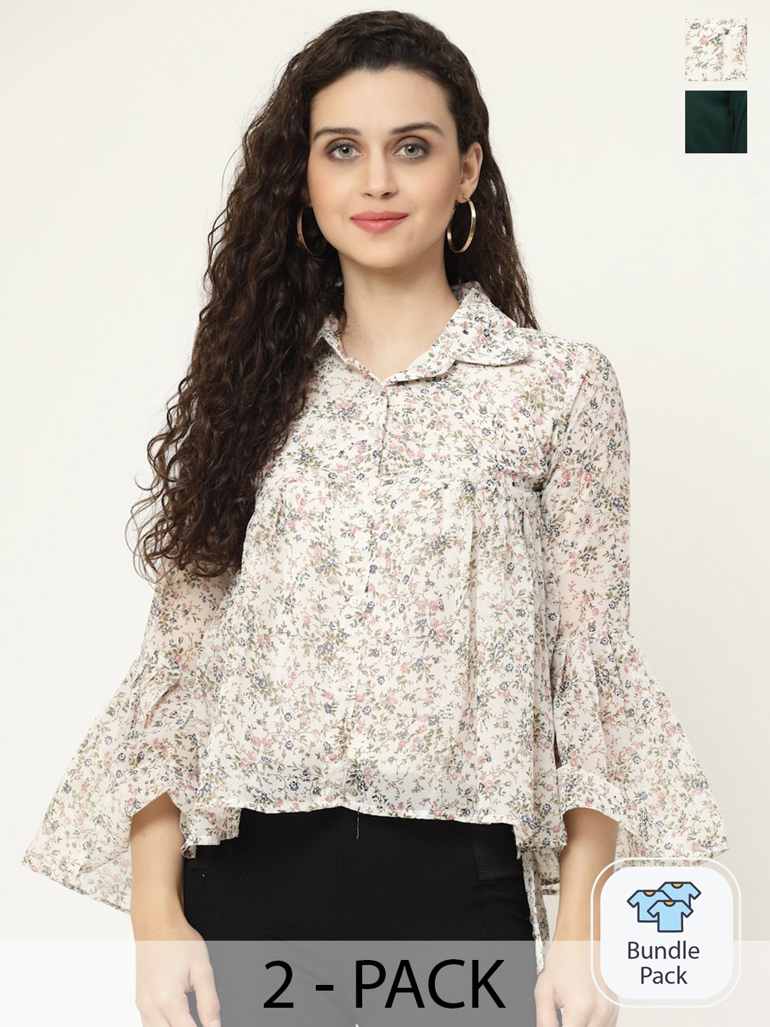 

MISS AYSE Pack Of 2 Floral Print Georgette Shirt Style Tops, White