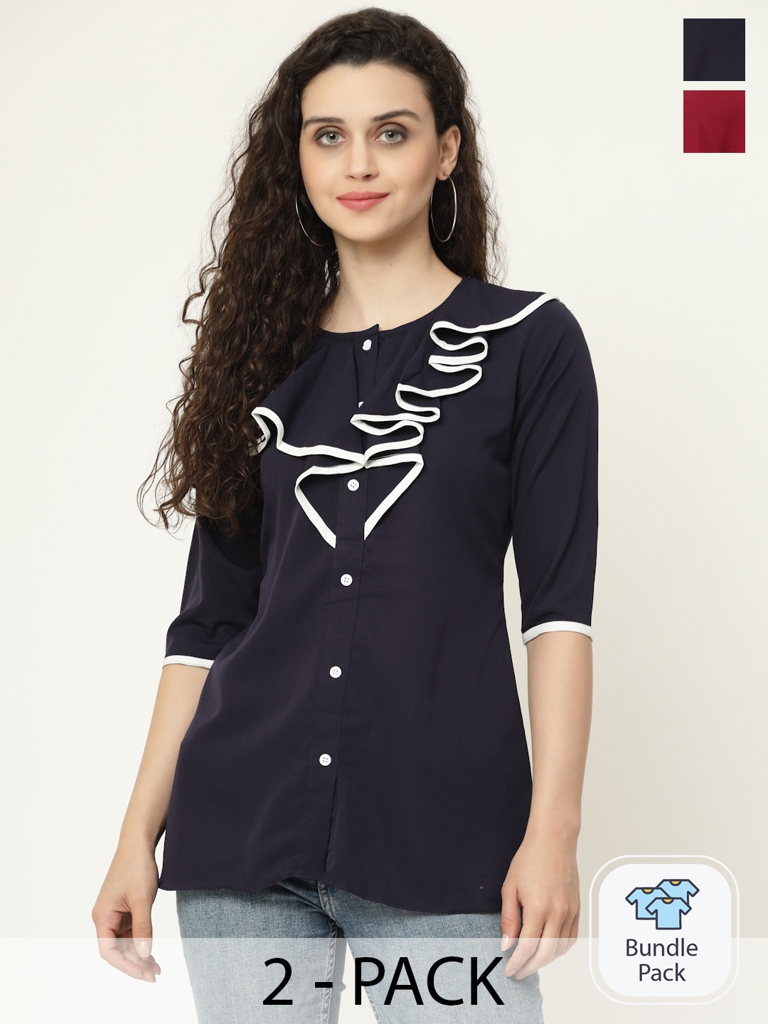

MISS AYSE Pack Of 2 Ruffles Georgette Shirt Style Tops, Navy blue
