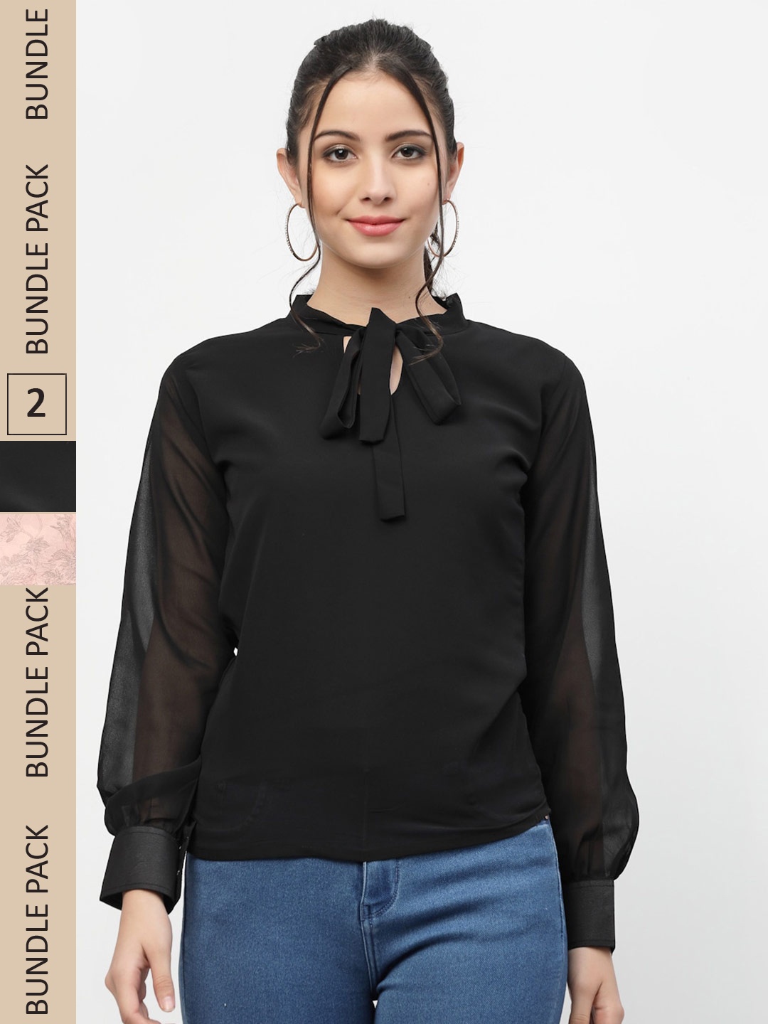 

MISS AYSE Pack Of 2 Tie-Up Neck Georgette Tops, Black