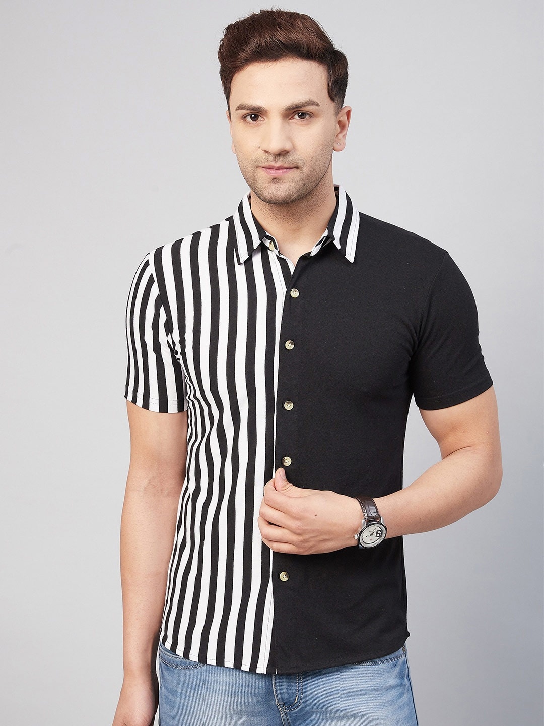 

GRITSTONES Men Comfort Striped Casual Shirt, Black