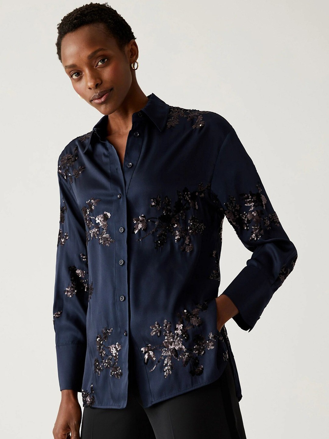 

Marks & Spencer Women Comfort Floral Embellished Party Shirt, Navy blue