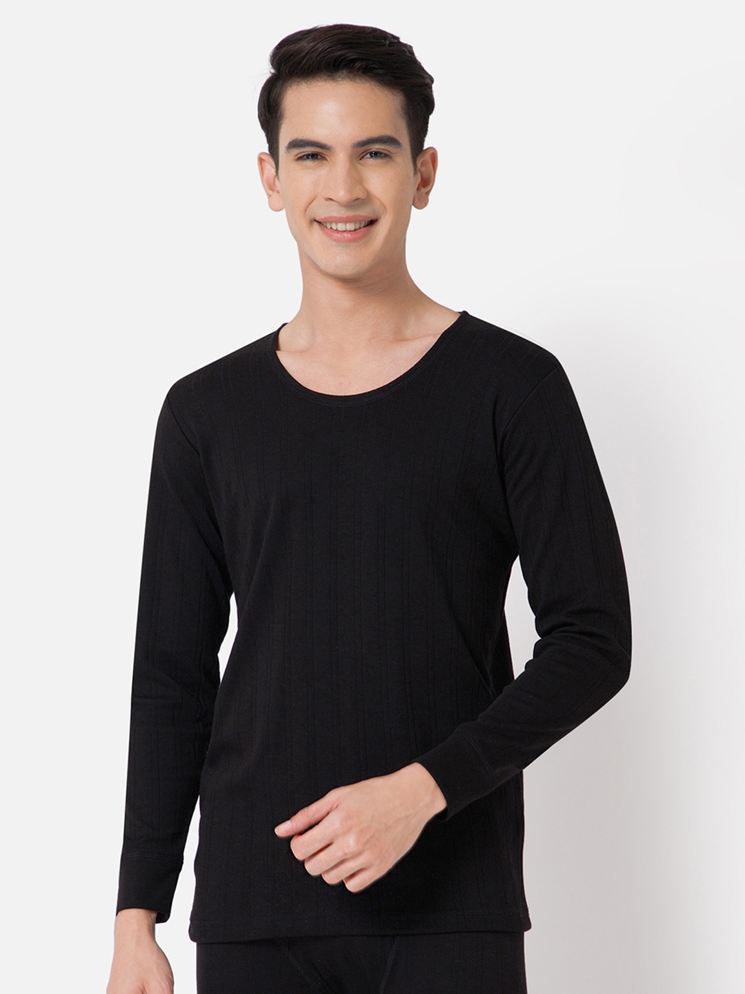 

BODYCARE INSIDER Men Self-Design Cotton Knitted Thermal Tops, Black