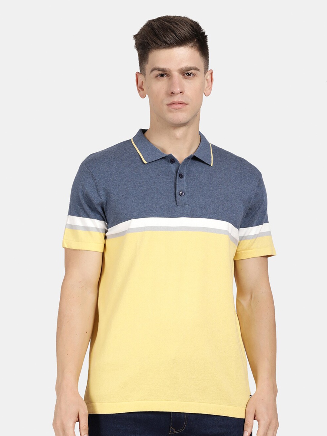 

t-base Men Colourblocked Polo Collar T-shirt, Yellow