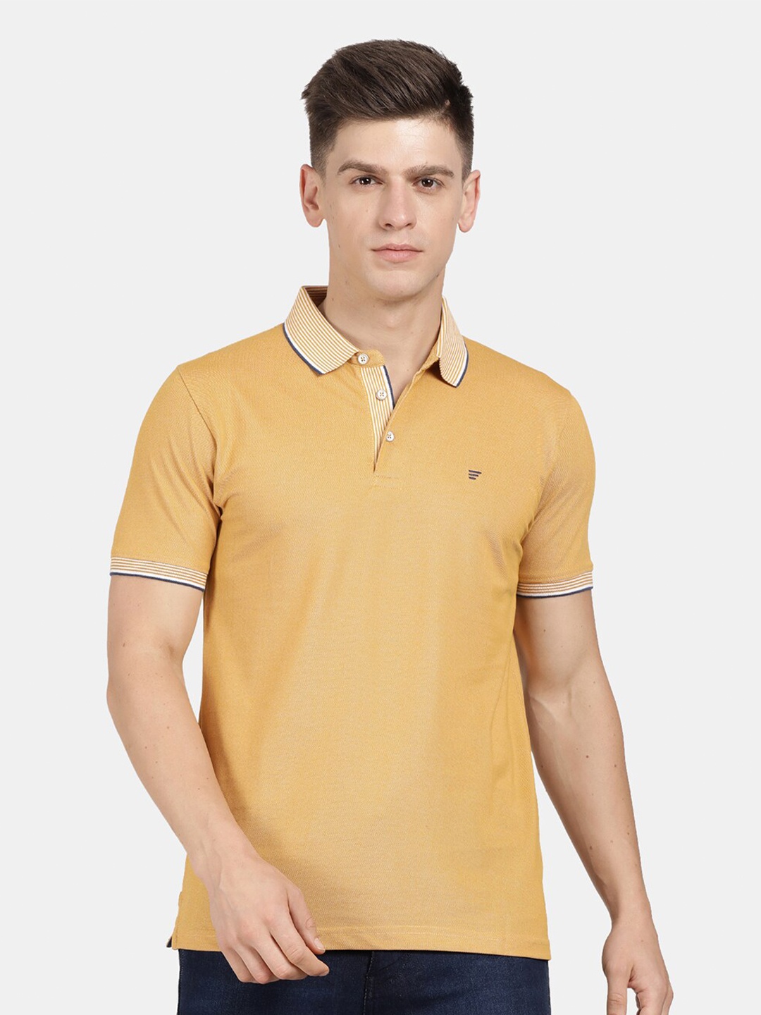 

t-base Men Striped Polo Collar Cotton T-shirt, Yellow