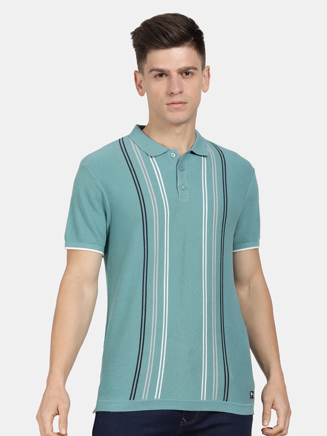 

t-base Men Cotton Striped Polo Collar T-shirt, Green